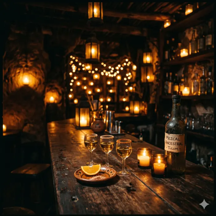 Bar de mezcal de ambiente íntimo en Tulum de noche