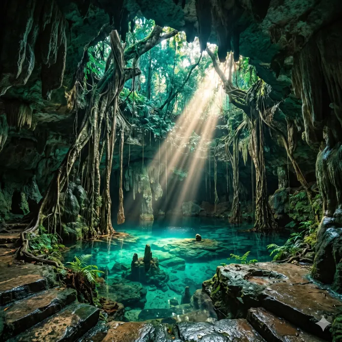 Cenote sagrado con rayos de luz en la selva de Yucatán
