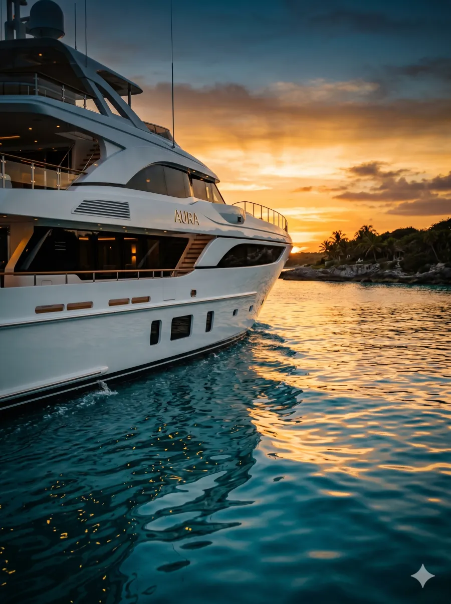 Yate de lujo en aguas del Caribe al atardecer, paquete VIP